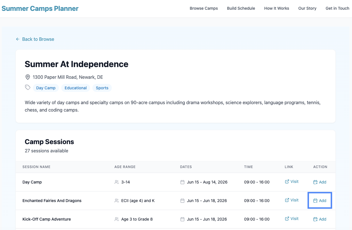 Screenshot of adding a session from a camp details page.
