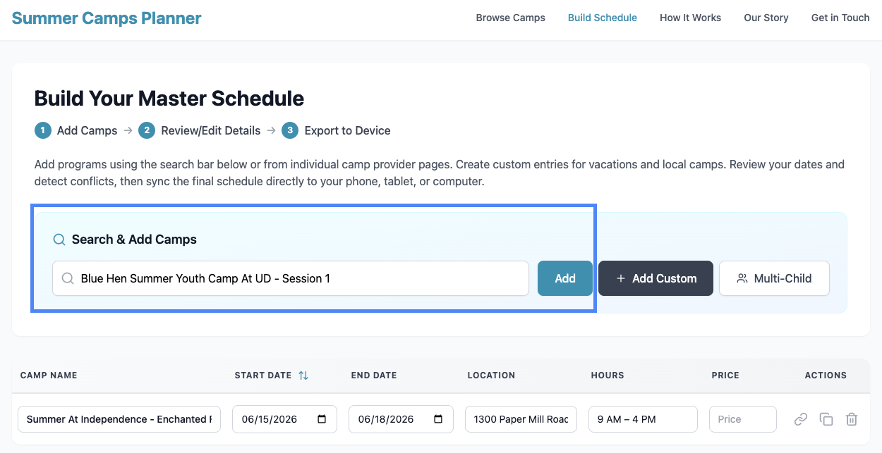 Screenshot of searching for camps and adding sessions.