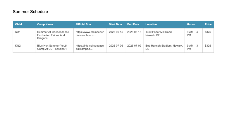 Screenshot of downloading a PDF schedule.